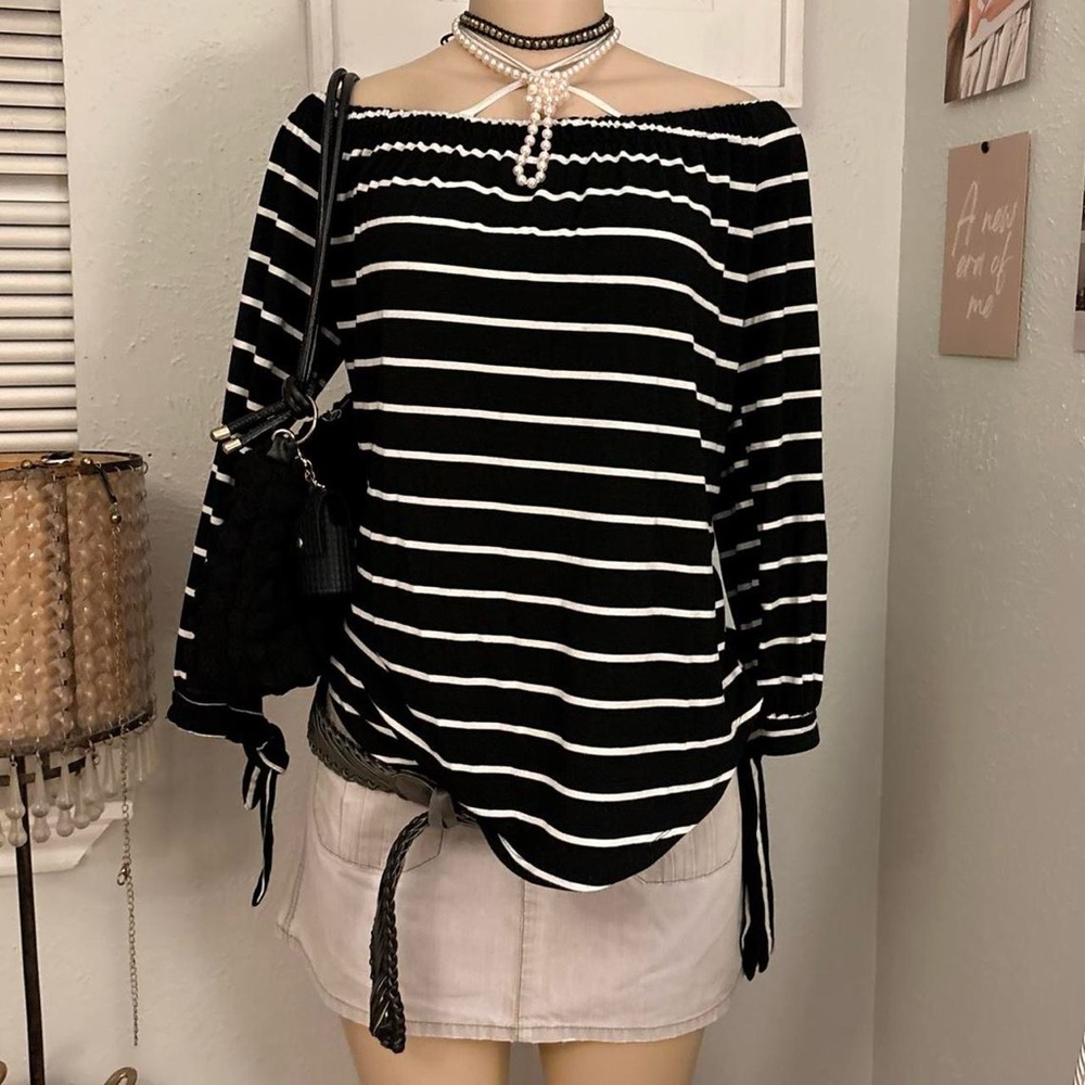 Tart Collections Off Shoulder Striped Top S | Chic Boho Tie Sleeve Blouse